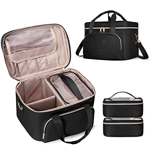 Prokva Travel Makeup Bag with 2 Pouches and Adjustable Dividers, Large Cosmetic Case Make up Organizer for Women Fits Bottles Vertically, Black (Patented Design) - Image 1