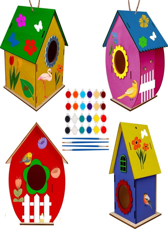 Glintoper Art Craft Wood Toys for Kids, 4 Pack DIY Bird House Kit Painting Puzzle DIY Wooden Assembly, Build and Paint Birdhouse, Include Paints & Brushes, Wooden Arts for Girls Boys Toddlers - Image 1