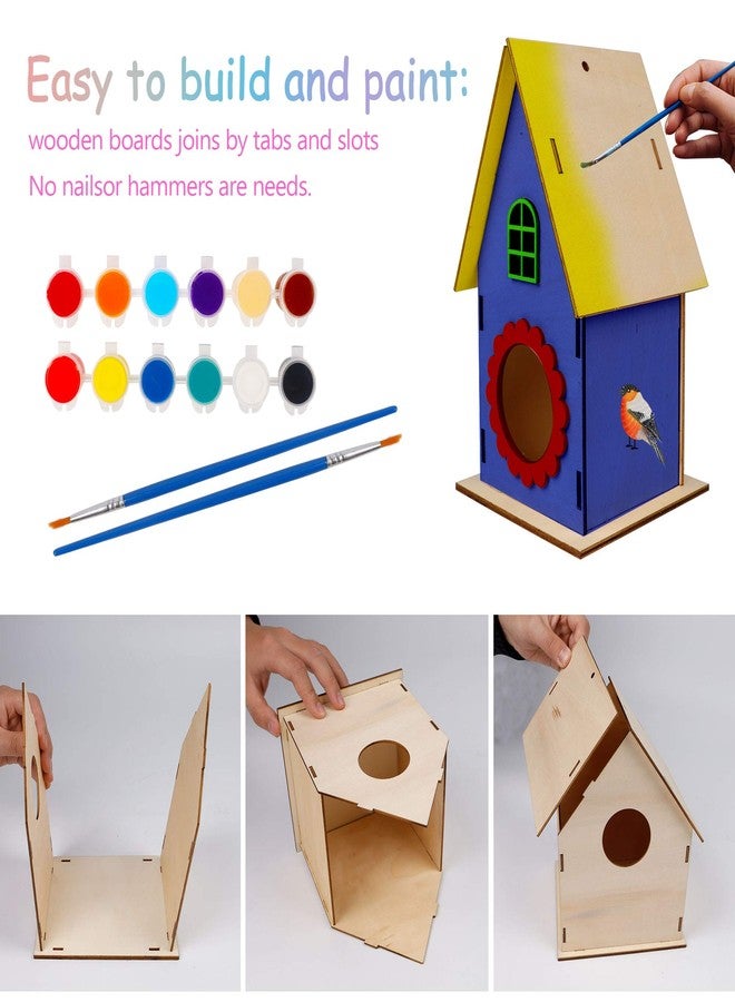 Glintoper Art Craft Wood Toys for Kids, 4 Pack DIY Bird House Kit Painting Puzzle DIY Wooden Assembly, Build and Paint Birdhouse, Include Paints & Brushes, Wooden Arts for Girls Boys Toddlers - Image 4