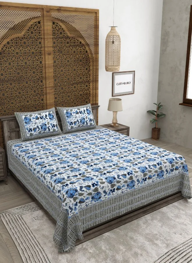 CLOTHOLOGY CLOTHOLOGY Jaipuri Blue Floral Pure Cotton 180 TC King Fine Bedsheet with 2 Pillow Covers