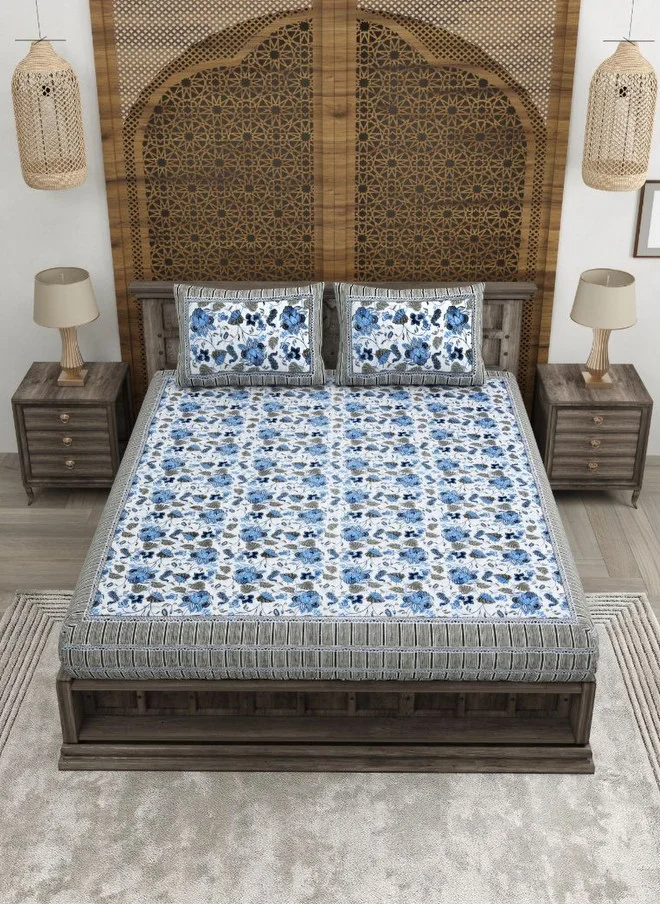CLOTHOLOGY CLOTHOLOGY Jaipuri Blue Floral Pure Cotton 180 TC King Fine Bedsheet with 2 Pillow Covers