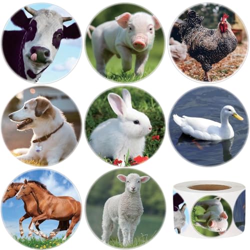 Hohamn Farm Animal Stickers Roll for Kids 600Pcs Round Farm Animals Label Stickers for Boys Girls Birthday Party Favors Gifts Decoration Teachers Student Classroom Reward 15 Inch - Image 1