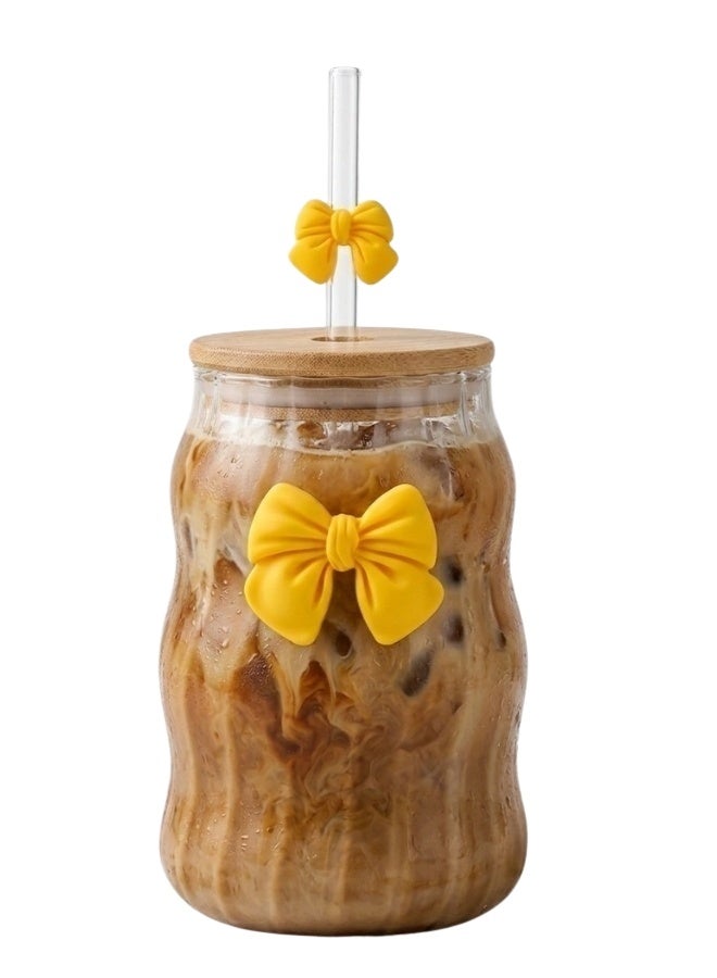 Premium 520ml Ribbed Glass Tumbler with Bamboo Lid & Glass Straw – Cute Aesthetic Iced Coffee Cup Featuring 3D Bow Decoration – Reusable Wavy Drinking Jar for Smoothies, Boba Tea, Mojito, Juice, Soda & Cocktails – Trendy Coquette Style Glassware Gift for Women & Girls – High-Quality Borosilicate Glass Sipper -Yellow