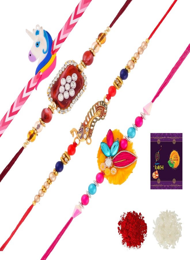 RA-Rock Multicolor Three Designer Rakhi Combo With One Lighting Kids Rakhi Set For Brother Sister (ARR211154)