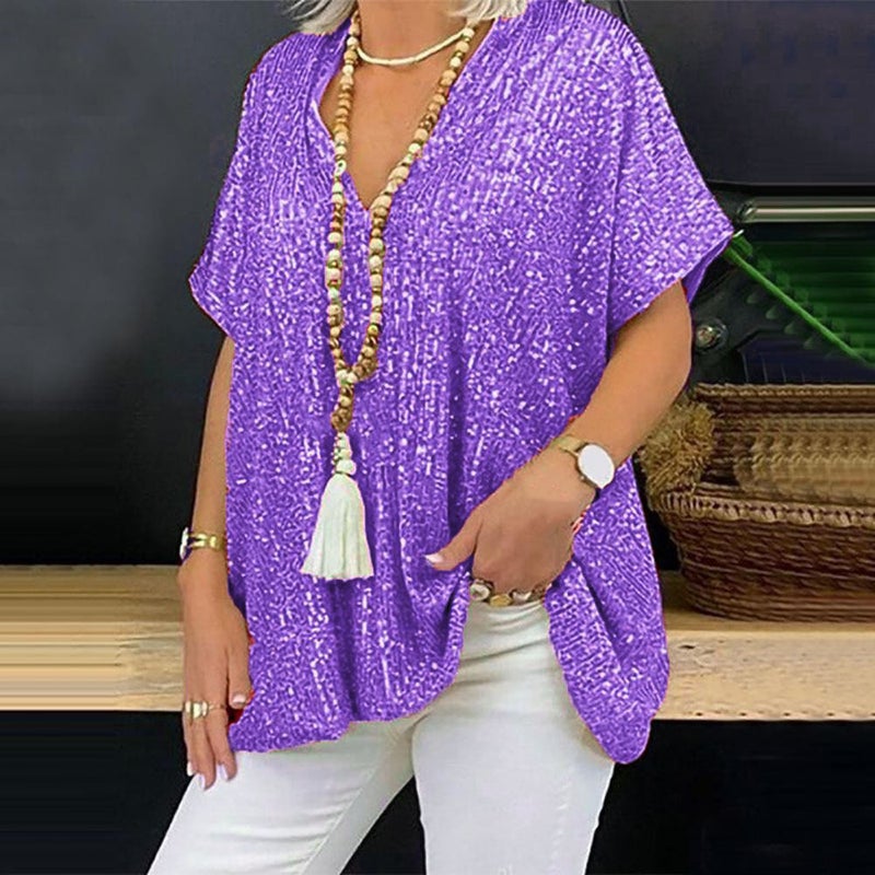 2025 New and Short-Sleeved Urban Casual Color Loose Pullover Sequined V Neck T-Shirt Tops for Women - Image 1