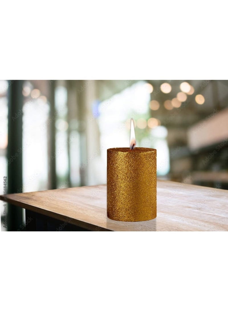 atorakushon Smokeless Golden Glitter 2.5"x3"Inch Pillar Candle for Home Decoration Lighting Diwali Puja Valentine Restaurants Spa Church [Set of 2] - Image 2
