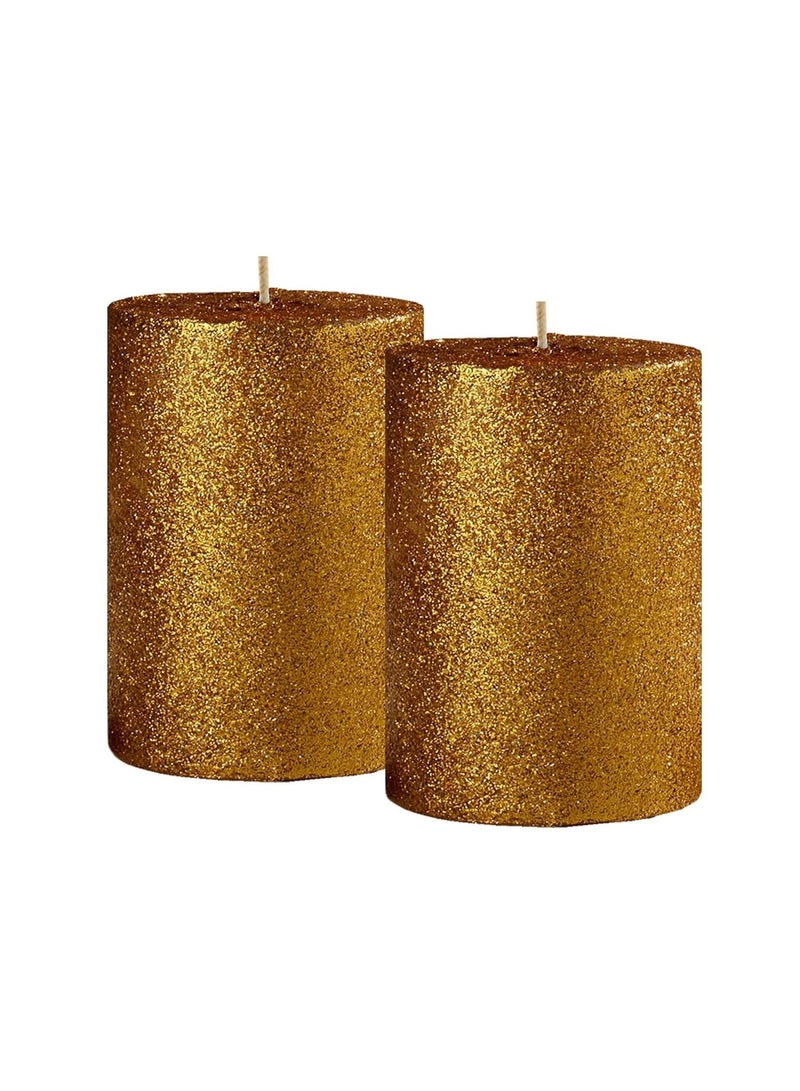 atorakushon Smokeless Golden Glitter 2.5"x3"Inch Pillar Candle for Home Decoration Lighting Diwali Puja Valentine Restaurants Spa Church [Set of 2] - Image 1