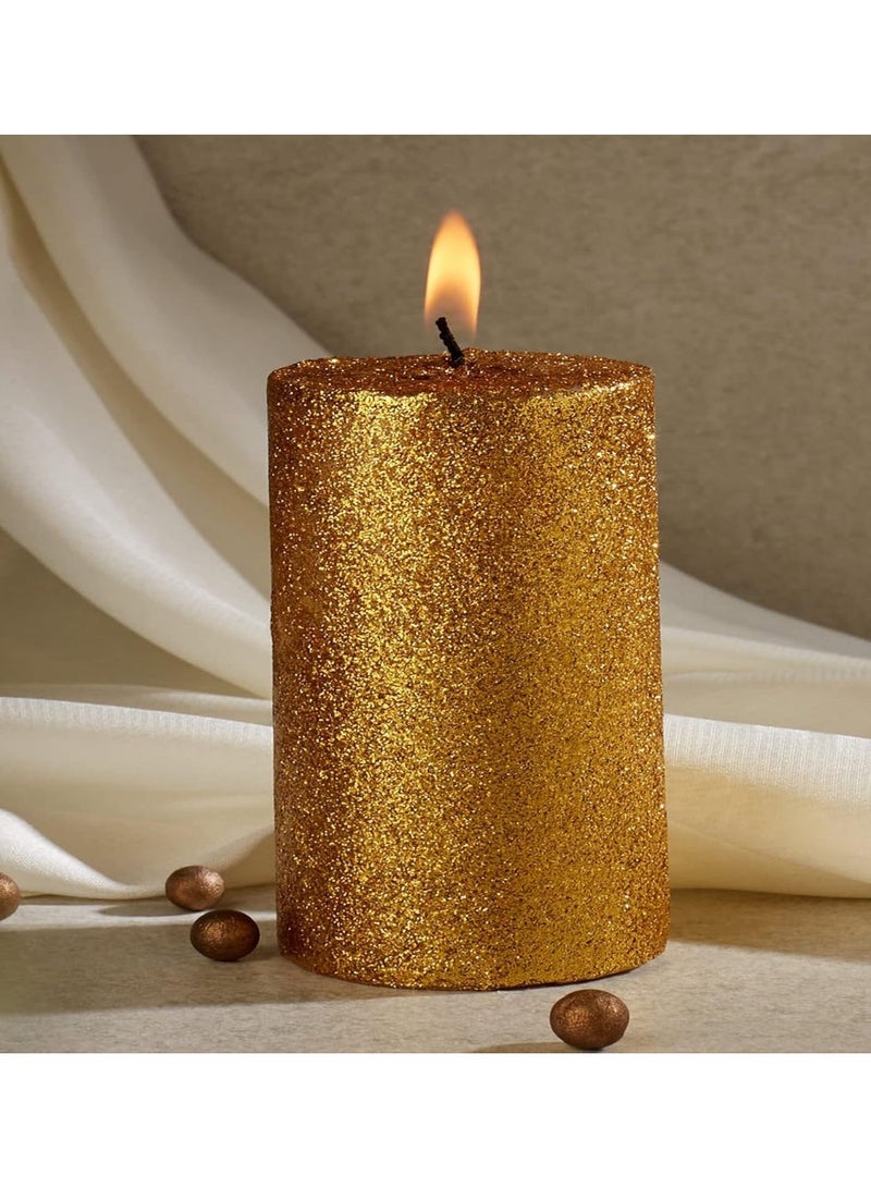 atorakushon Smokeless Golden Glitter 2.5"x3"Inch Pillar Candle for Home Decoration Lighting Diwali Puja Valentine Restaurants Spa Church [Set of 2] - Image 4