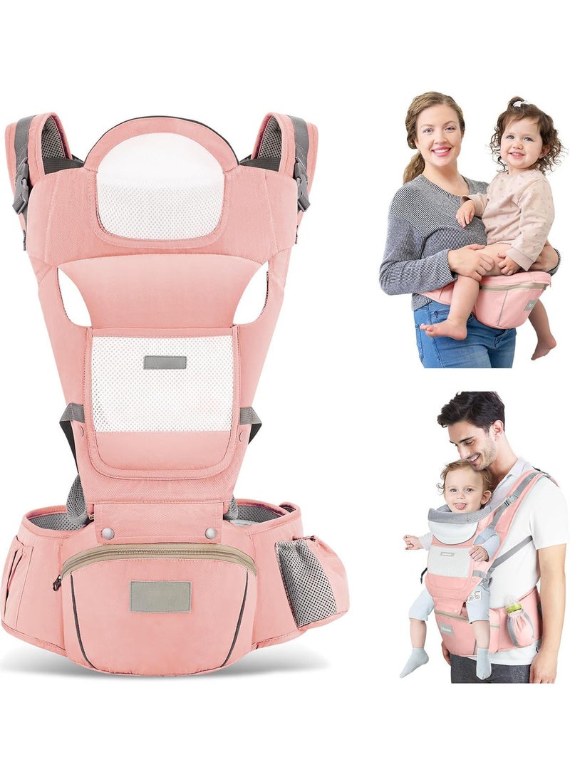 عالية الجودة حاملة أطفال مع مقعد ورك، حاملة أطفال مريحة 6 في 1 بوضعية M، من حديثي الولادة إلى الأطفال الصغار، مزودة بدعامة رأس وشبكة تهوية لحديثي الولادة، حاملة أطفال قابلة للتعديل للأب والأم - لون وردي - Image 1