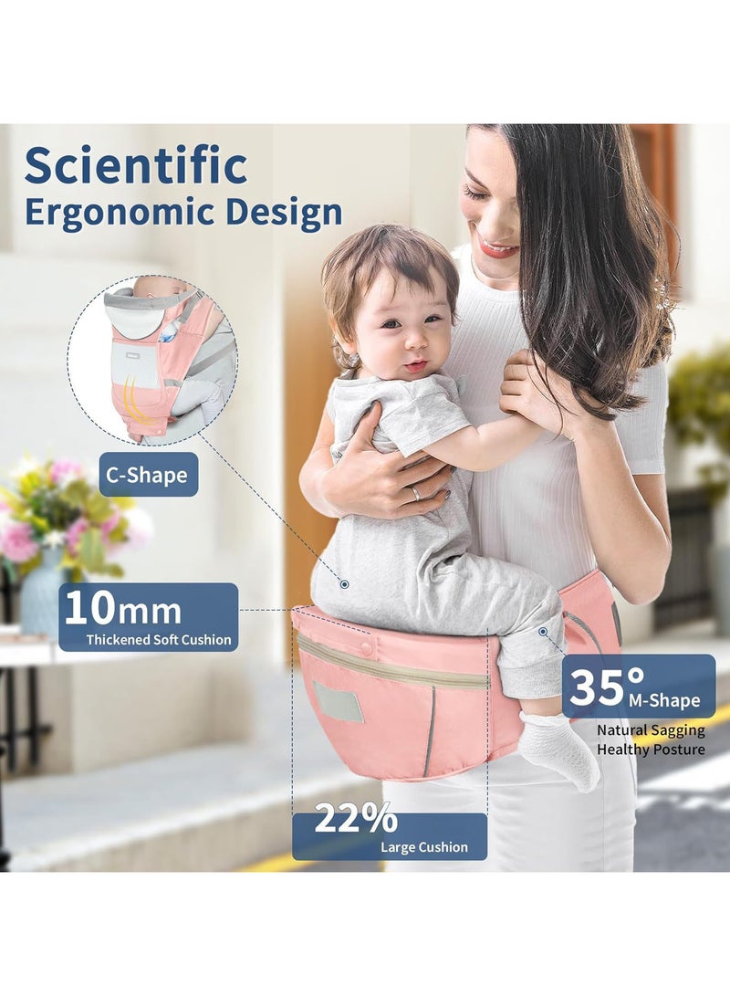 عالية الجودة حاملة أطفال مع مقعد ورك، حاملة أطفال مريحة 6 في 1 بوضعية M، من حديثي الولادة إلى الأطفال الصغار، مزودة بدعامة رأس وشبكة تهوية لحديثي الولادة، حاملة أطفال قابلة للتعديل للأب والأم - لون وردي - Image 2