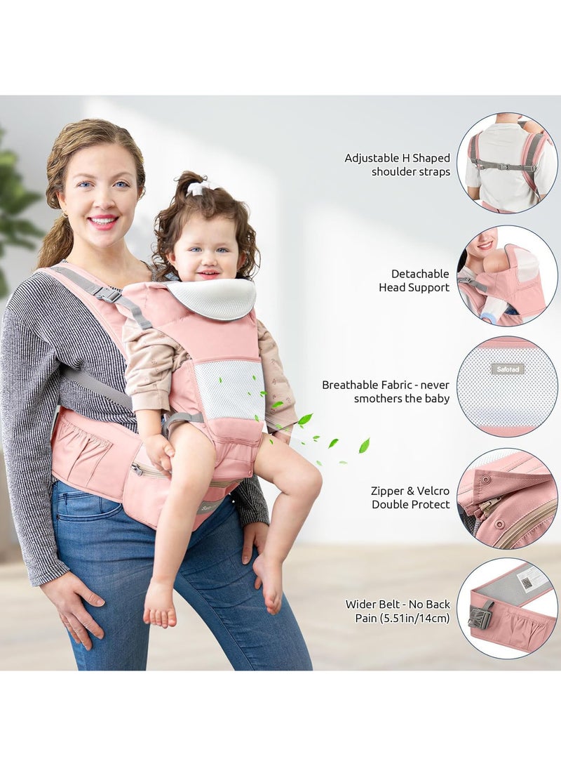 عالية الجودة حاملة أطفال مع مقعد ورك، حاملة أطفال مريحة 6 في 1 بوضعية M، من حديثي الولادة إلى الأطفال الصغار، مزودة بدعامة رأس وشبكة تهوية لحديثي الولادة، حاملة أطفال قابلة للتعديل للأب والأم - لون وردي - Image 5