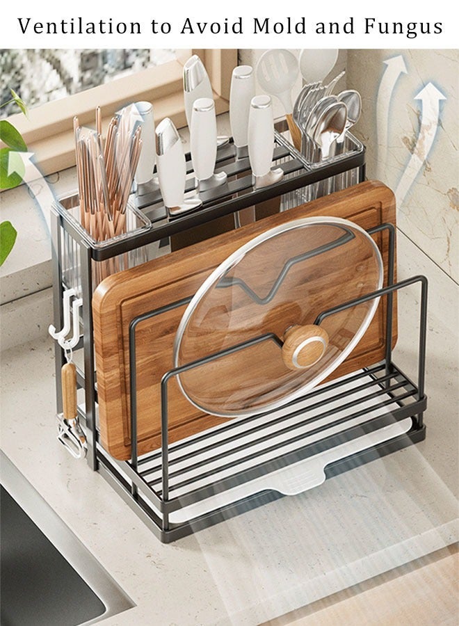 MIXDE Kitchen Storage Rack with Removable Tray, Space Saving Large Capacity Stainless Steel Kitchen Cutlery Drying Rack, MultiFunction Kitchen Knife Stand Holder, Black - Image 1