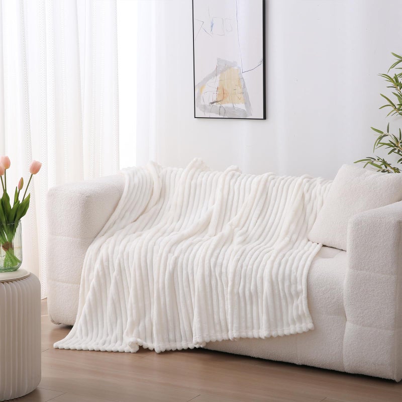 Linecooo Cream White Fleece Throw Blanket 50â€Ã—60â€ for Couch Sofa Bed,Super Soft Cozy Plush Microfiber Flannel Blanket with Stripes Design Lightweight for Adults,Woman,Girls - Image 2
