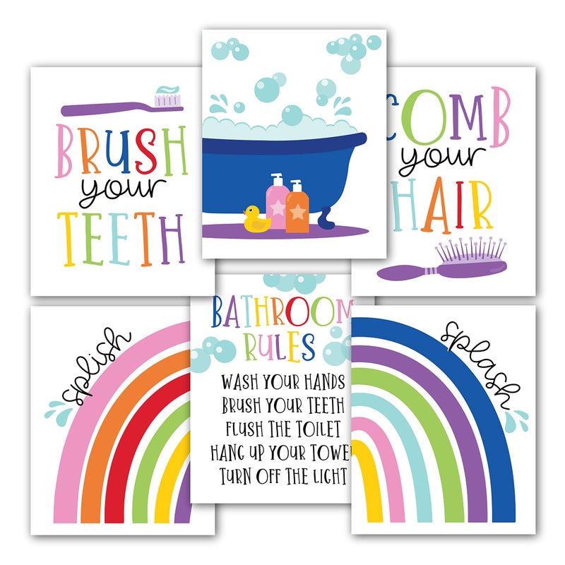 Hadley Designs 6 Reversible Colorful Kids Bathroom Decor Wall Art 8x10  Kids Bathroom Pictures Wall Decor Wall Decorations For Bathroom Art Bathroom Rules Wall Decor Bathroom Wall Art