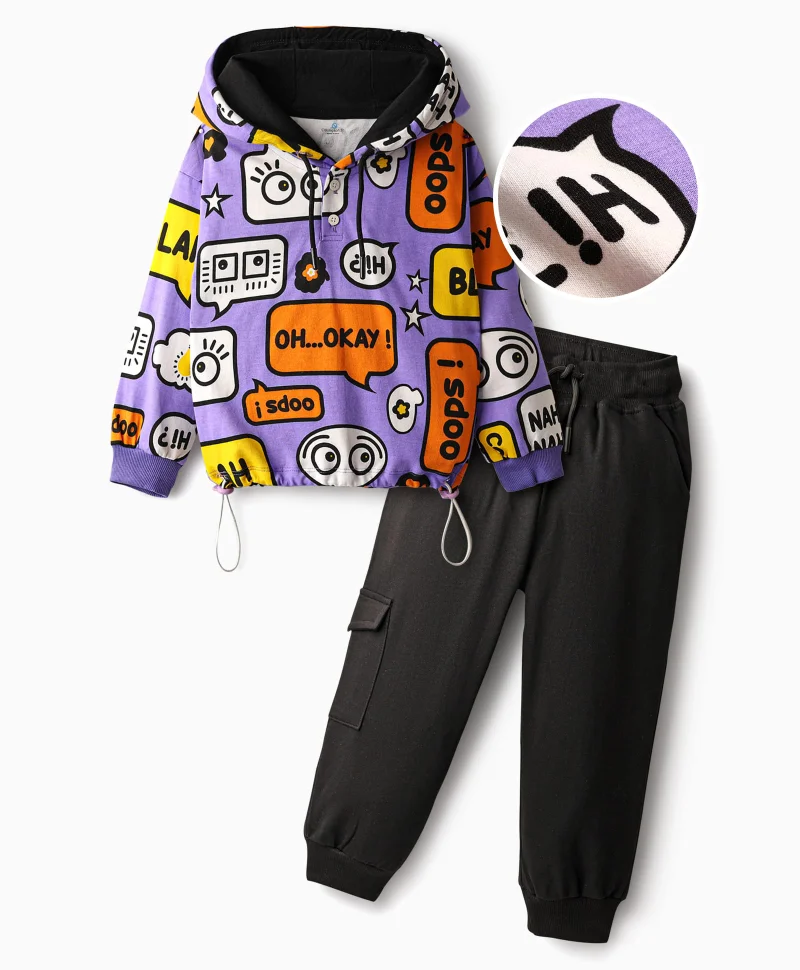 Ollington St. Ollington St. Cotton Text Printed Hooded Sweatshirt and Joggers Set - Purple and Black