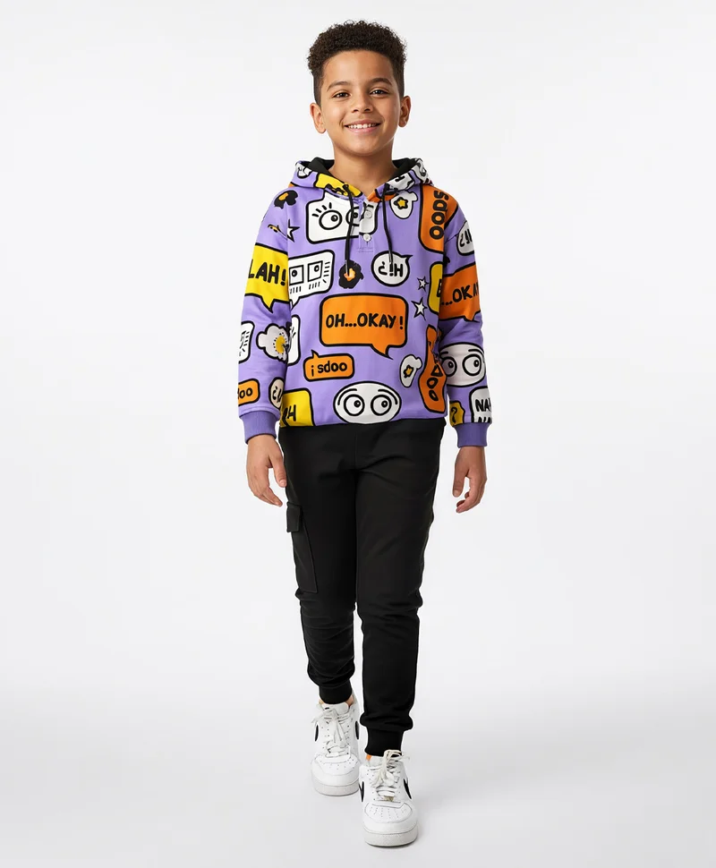 Ollington St. Ollington St. Cotton Text Printed Hooded Sweatshirt and Joggers Set - Purple and Black
