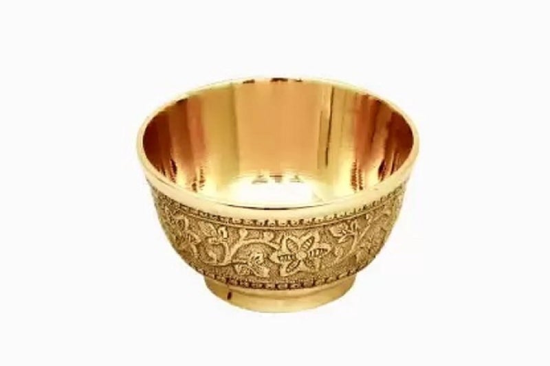 SOLINO Pure Brass Embossed Flower Design Sign Katori Bowl vati for Home and KitchenPooja Decorative Dessert Bowl Hotelware Volume 150 mlSet of 2 - Image 4