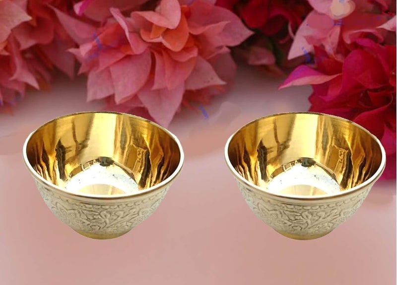 SOLINO Pure Brass Embossed Flower Design Sign Katori Bowl vati for Home and KitchenPooja Decorative Dessert Bowl Hotelware Volume 150 mlSet of 2 - Image 1