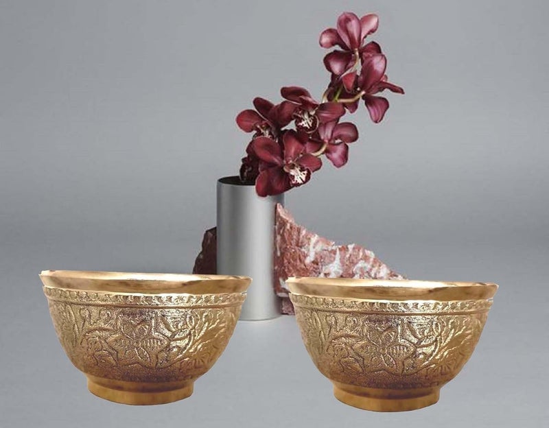 SOLINO Pure Brass Embossed Flower Design Sign Katori Bowl vati for Home and KitchenPooja Decorative Dessert Bowl Hotelware Volume 150 mlSet of 2 - Image 5