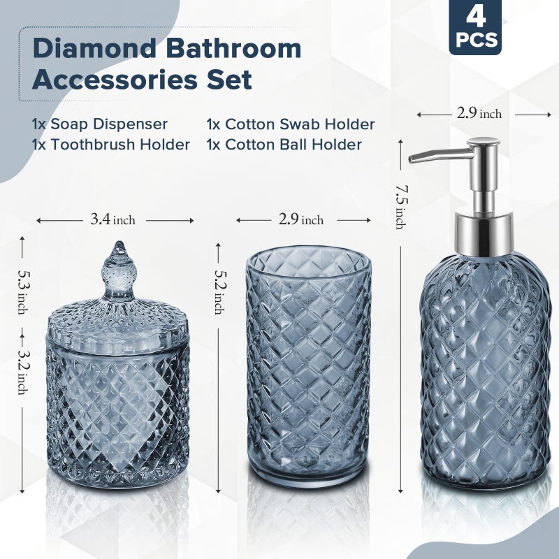 RYTOXILO Blue Bathroom Accessories Set, 4 Pack Light Blue Bathroom Decor Accessory Sets Complete, Diamond Glass Soap Dispenser and Toothbrush Holder Set for Bath Counter Organizer Essentials - Image 2