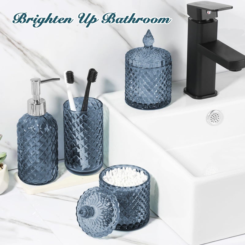 RYTOXILO Blue Bathroom Accessories Set, 4 Pack Light Blue Bathroom Decor Accessory Sets Complete, Diamond Glass Soap Dispenser and Toothbrush Holder Set for Bath Counter Organizer Essentials - Image 5