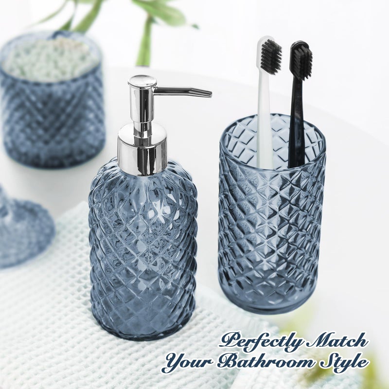 RYTOXILO Blue Bathroom Accessories Set, 4 Pack Light Blue Bathroom Decor Accessory Sets Complete, Diamond Glass Soap Dispenser and Toothbrush Holder Set for Bath Counter Organizer Essentials - Image 3
