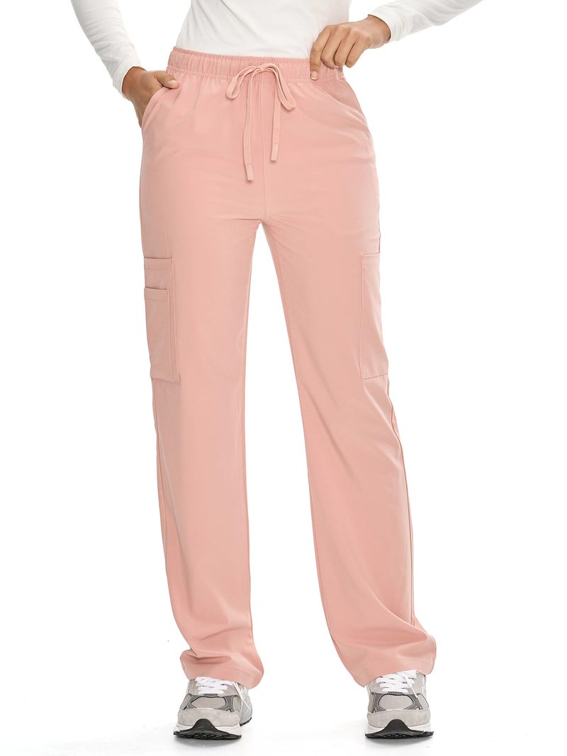 COZYFIT Straight Leg Scrub Pants for Women, Drawstring Soft Stretch, Anti-Wrinkle Women's Scrub Pants with 6 Pockets,Pink,S - Image 1