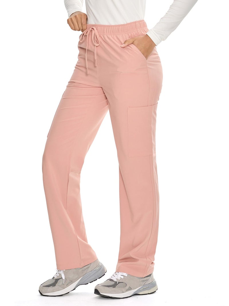 COZYFIT Straight Leg Scrub Pants for Women, Drawstring Soft Stretch, Anti-Wrinkle Women's Scrub Pants with 6 Pockets,Pink,S - Image 3