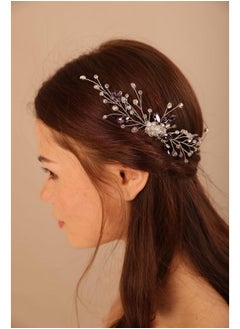 BERYUAN Purple Teardrop Crystal Silver Hair Comb Rhinestone Beads Wedding Hair Accessory Silver Bridal Headband For Wedding Crytsal Rhinestone Hair Piece For Wedding Women And Girls (Silver)  - Image 2