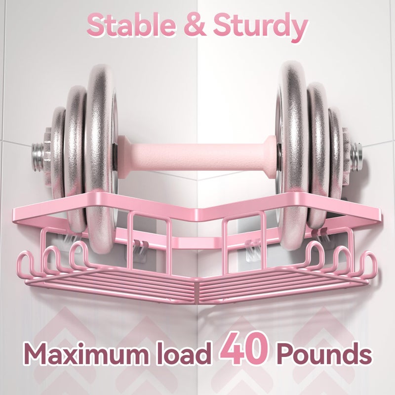 YASONIC Corner Adhesive Shower Caddy, with Soap Holder and 12 Hooks, Rustproof Stainless Steel Bathroom Organizer, No Drilling Wall Mounted Rack, Pink, 3-Pack - Image 2