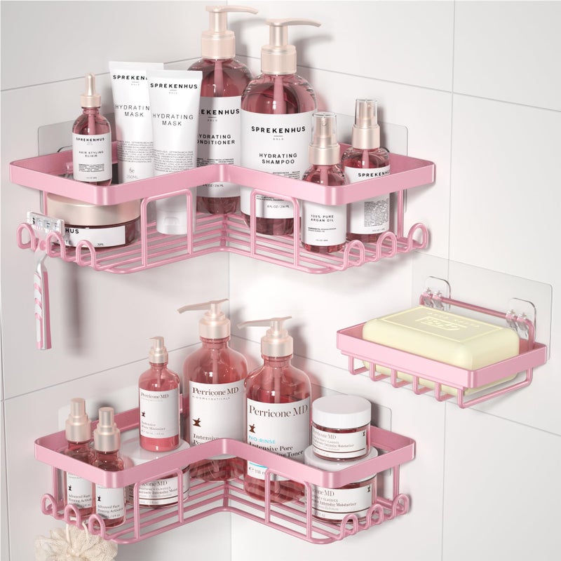 YASONIC Corner Adhesive Shower Caddy, with Soap Holder and 12 Hooks, Rustproof Stainless Steel Bathroom Organizer, No Drilling Wall Mounted Rack, Pink, 3-Pack - Image 1