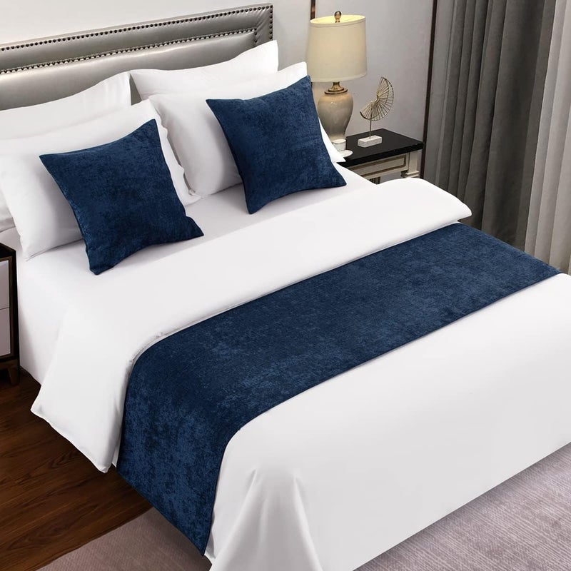 AMBERIS Bed Runner Dark Blue, Chenille Durable Decorative Bed Scarf for Home & Hotel (Pillowcase sold separately) - Image 1