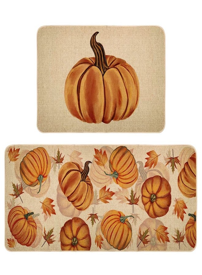 Decorhua Fall Pumpkin Kitchen Mats Set of 2, Non-Slip Absorbent Rug and Door Mats, Seasonal Thanksgiving Autumn Home Decor Kitchen Floor Mat 17x29 and 17x47 Inch DM087 - Image 1