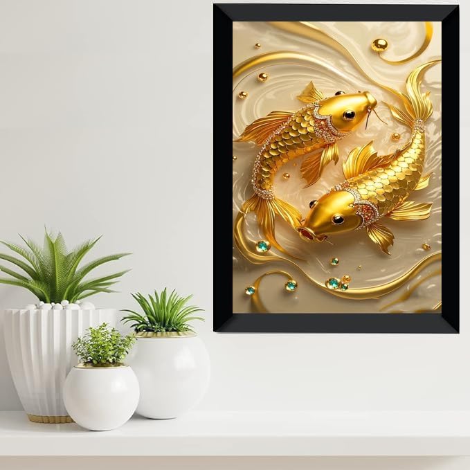 Lucky Vastu Fang Shui 2 Golden Fishes Spiritually Powerful Symbol 2 Gold Fish Painting Wall Art for Home Office Living Room Photo Frame Without Glass D001 (10 x 14 Inch)  - Image 2