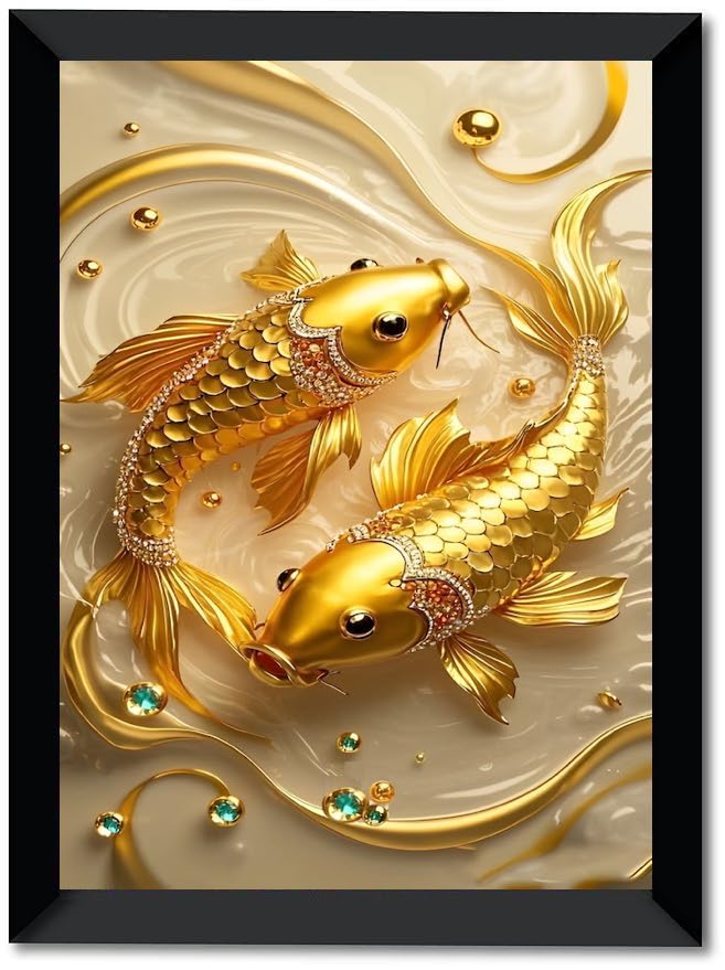 Lucky Vastu Fang Shui 2 Golden Fishes Spiritually Powerful Symbol 2 Gold Fish Painting Wall Art for Home Office Living Room Photo Frame Without Glass D001 (10 x 14 Inch)  - Image 1