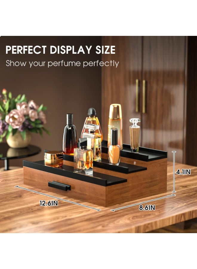 NANAO منظم عطور للرجال، 3 طبقات من حامل عرض العطور المرتفع مع تخزين درج، عرض عطور على شكل سلم، منظم عطور ورفوف عرض، هدية رائعة للرجال (أسود جوز) - Image 4