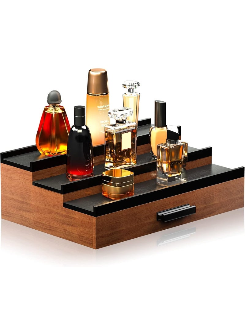 NANAO منظم عطور للرجال، 3 طبقات من حامل عرض العطور المرتفع مع تخزين درج، عرض عطور على شكل سلم، منظم عطور ورفوف عرض، هدية رائعة للرجال (أسود جوز) - Image 1