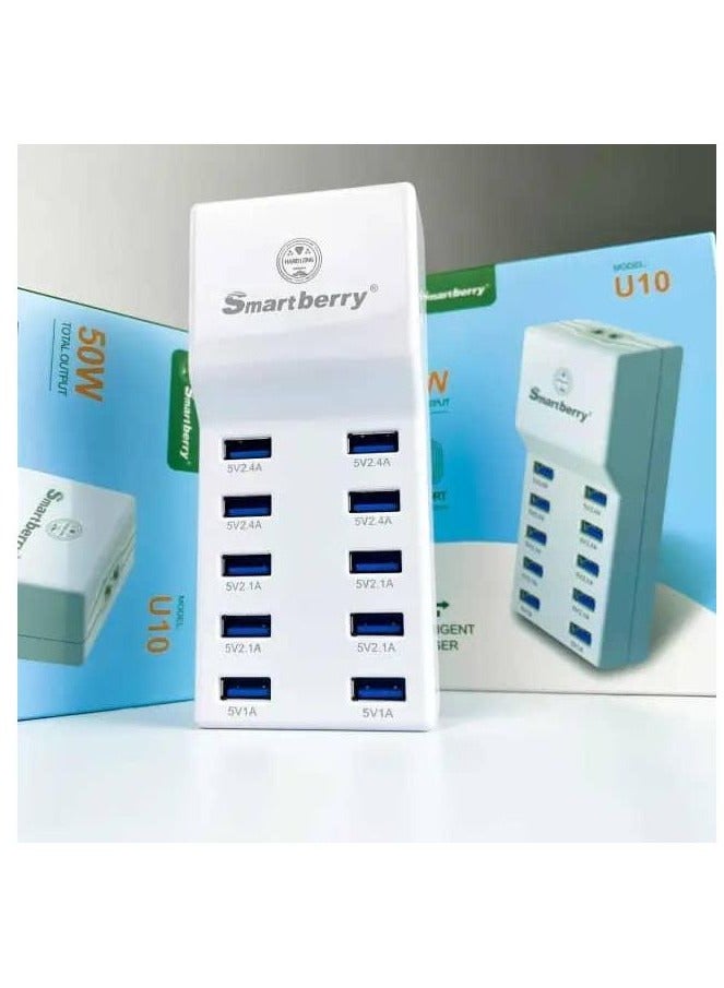 SmartBerry U10 50W 10-Port USB Charger – Fast Wall Adapter with Smart Auto-Detect Technology for Phones, Tablets, Laptops, and Multiple Devices