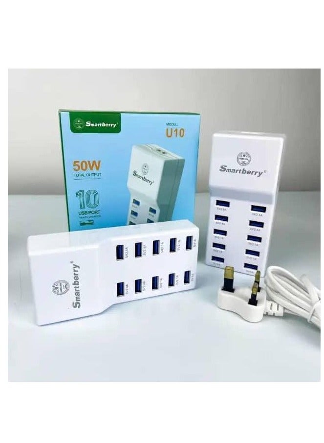 SmartBerry U10 50W 10-Port USB Charger – Fast Wall Adapter with Smart Auto-Detect Technology for Phones, Tablets, Laptops, and Multiple Devices