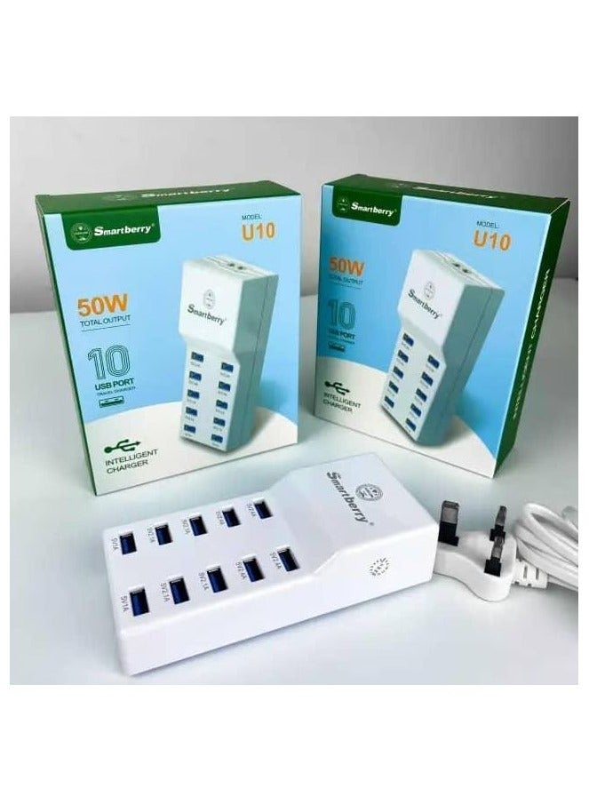 SmartBerry U10 50W 10-Port USB Charger – Fast Wall Adapter with Smart Auto-Detect Technology for Phones, Tablets, Laptops, and Multiple Devices