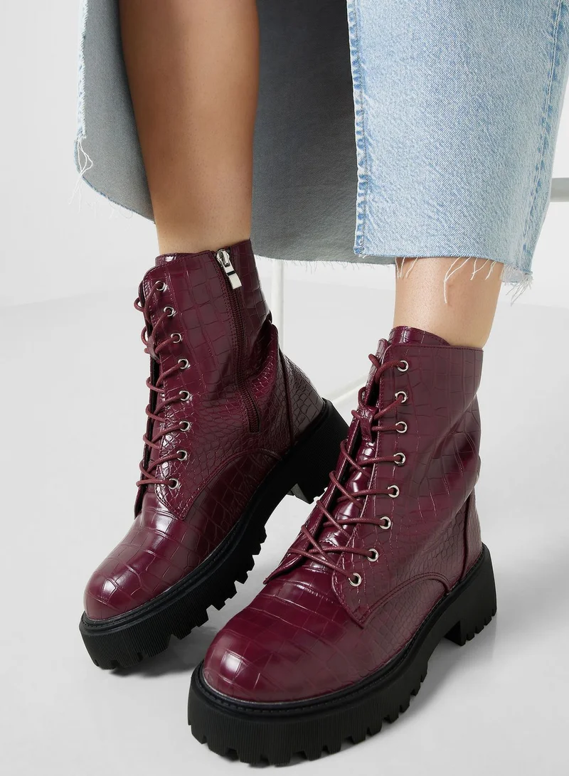 Ginger Croco Lace Up Angle Boots
