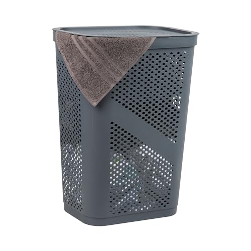 Mind Reader Slim Laundry Hamper with Lid 60L Clothes Basket Ventilated Plastic Gray