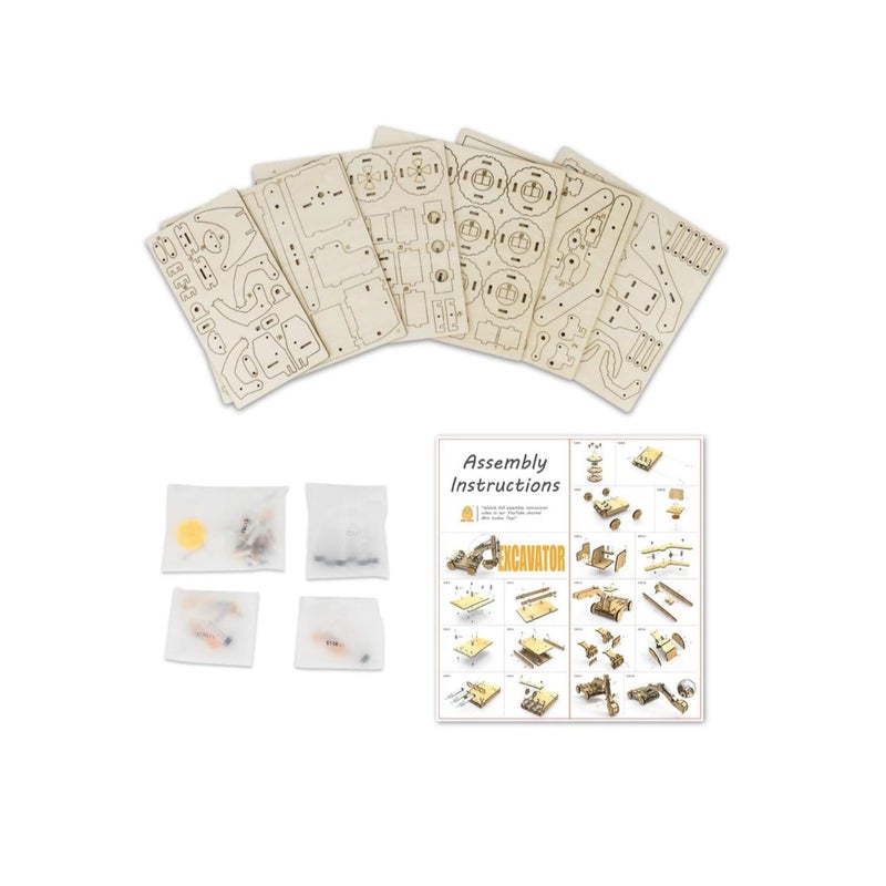 SOLARAE 3D Wooden Excavator Vehicle Toys, Micro Building Blocks Set, STEM Science Kit with Air Pressure System to Build A Wood Excavator Model, Including 3 Replaceable Gripper & Digger, for Creative Kids - Image 5