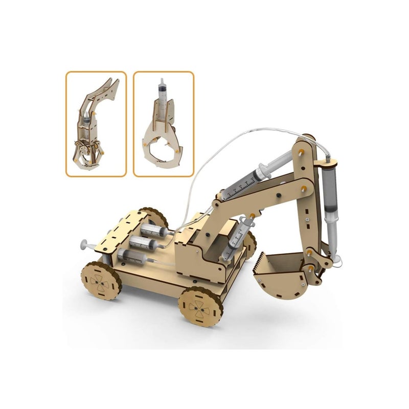SOLARAE 3D Wooden Excavator Vehicle Toys, Micro Building Blocks Set, STEM Science Kit with Air Pressure System to Build A Wood Excavator Model, Including 3 Replaceable Gripper & Digger, for Creative Kids - Image 1
