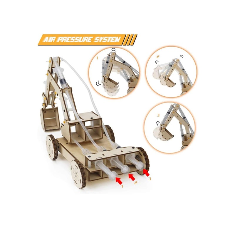 SOLARAE 3D Wooden Excavator Vehicle Toys, Micro Building Blocks Set, STEM Science Kit with Air Pressure System to Build A Wood Excavator Model, Including 3 Replaceable Gripper & Digger, for Creative Kids - Image 2