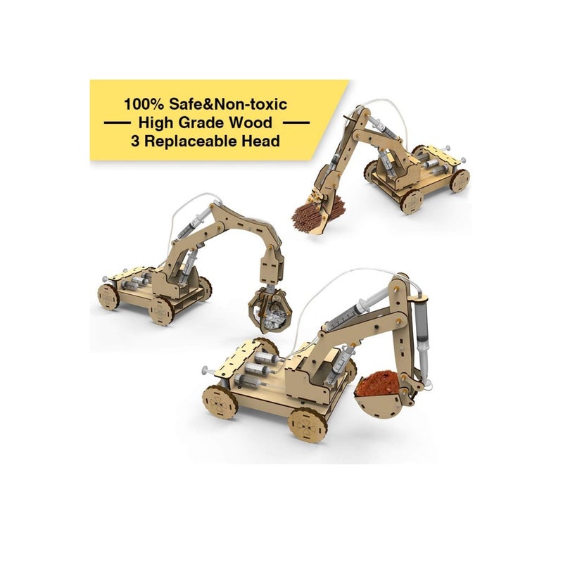 SOLARAE 3D Wooden Excavator Vehicle Toys, Micro Building Blocks Set, STEM Science Kit with Air Pressure System to Build A Wood Excavator Model, Including 3 Replaceable Gripper & Digger, for Creative Kids - Image 3