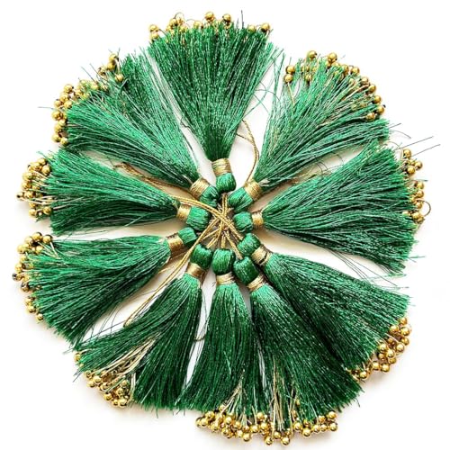 Adikala Pack of 10 Fancy Silk Tassels with Zari Bead Thread Latkan for Perfect Embellishments for Suit, Kurti, Gown, Saree, Blouse, Dupatta, Lehenga & Jewelry, DIY Art & Craft 10CM (Green) - Image 2