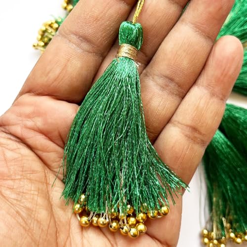 Adikala Pack of 10 Fancy Silk Tassels with Zari Bead Thread Latkan for Perfect Embellishments for Suit, Kurti, Gown, Saree, Blouse, Dupatta, Lehenga & Jewelry, DIY Art & Craft 10CM (Green) - Image 1
