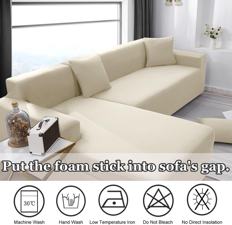 NAISI Sectional Couch Cover L Shape 2 Pieces Sofa Cover Soft Stretch Slipcovers with 2pcs Pillowcases Furniture Protector Couch Covers 3 Seater + 3 Seater(Yellowish-White) - Image 4