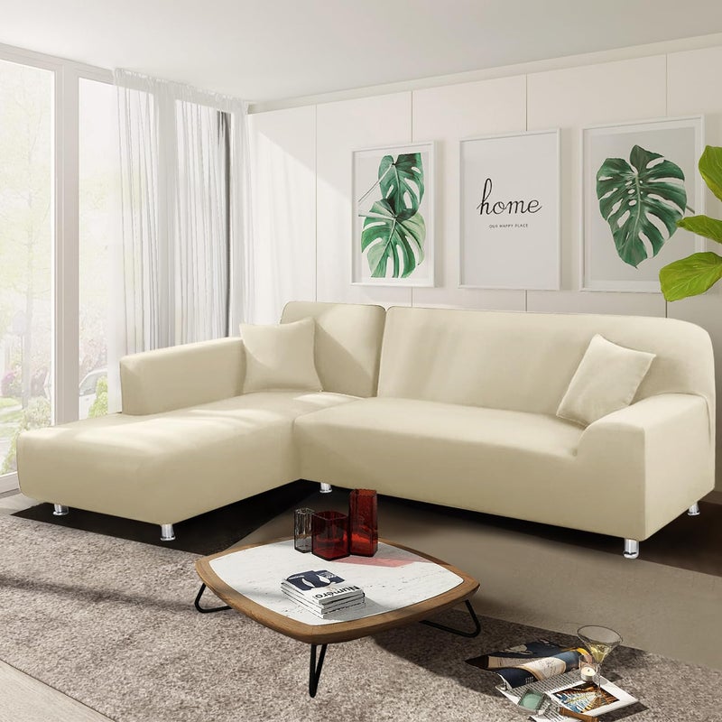 NAISI Sectional Couch Cover L Shape 2 Pieces Sofa Cover Soft Stretch Slipcovers with 2pcs Pillowcases Furniture Protector Couch Covers 3 Seater + 3 Seater(Yellowish-White) - Image 2